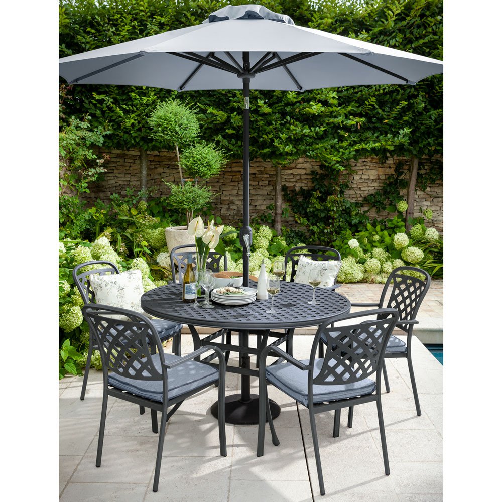 Hartman Berkeley 6 Seat Garden Dining Set With Round Table & Parasol - Antique Grey/Platinum