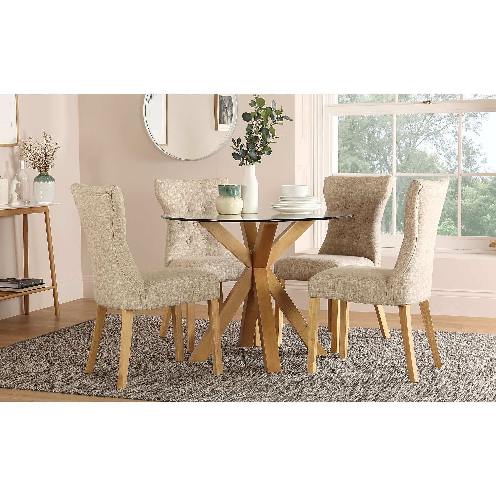Hatton Round Oak and Glass Dining Table with 4 Bewley Oatmeal Fabric