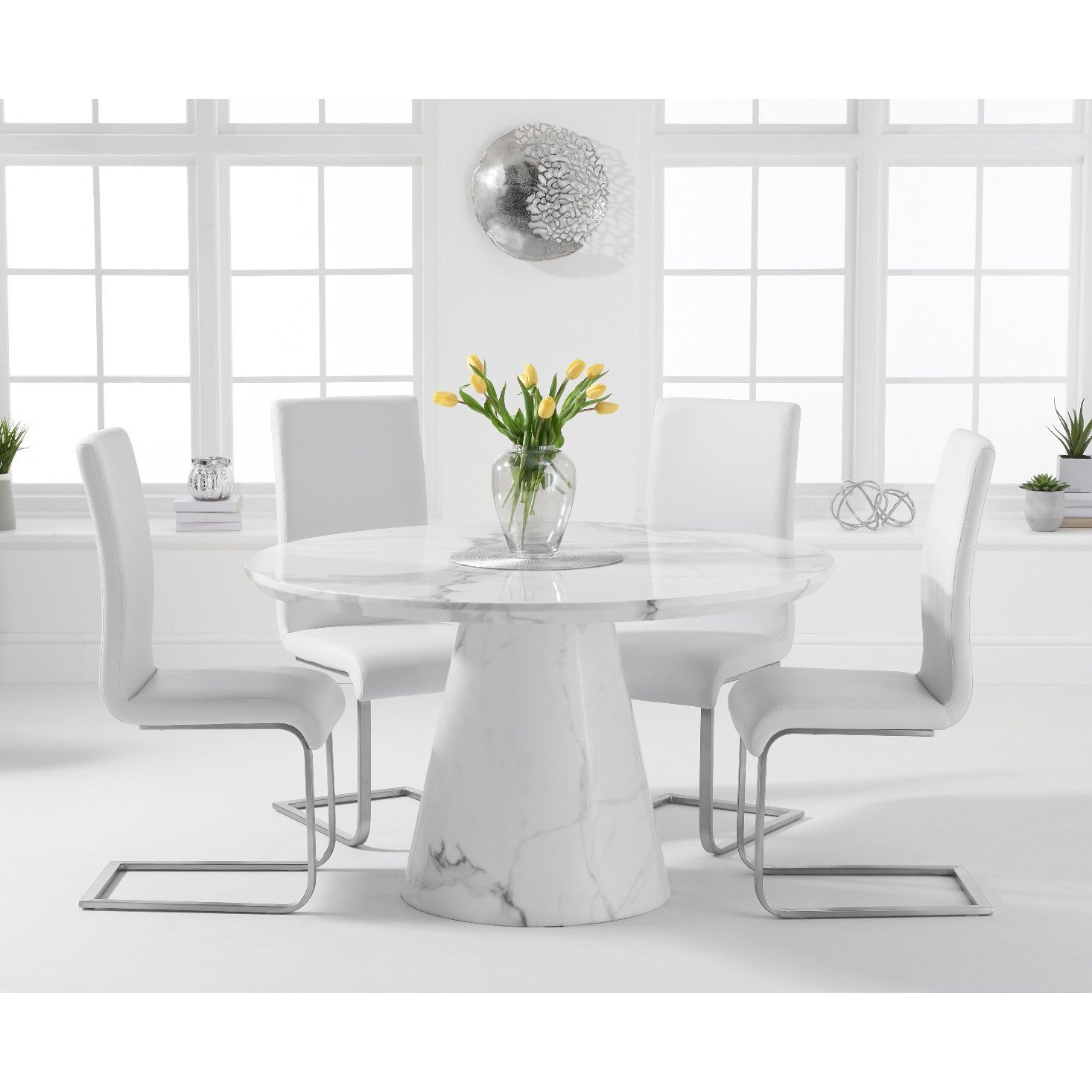 Ravello 130cm Round White Marble Dining Table With 4 Black Austin ...