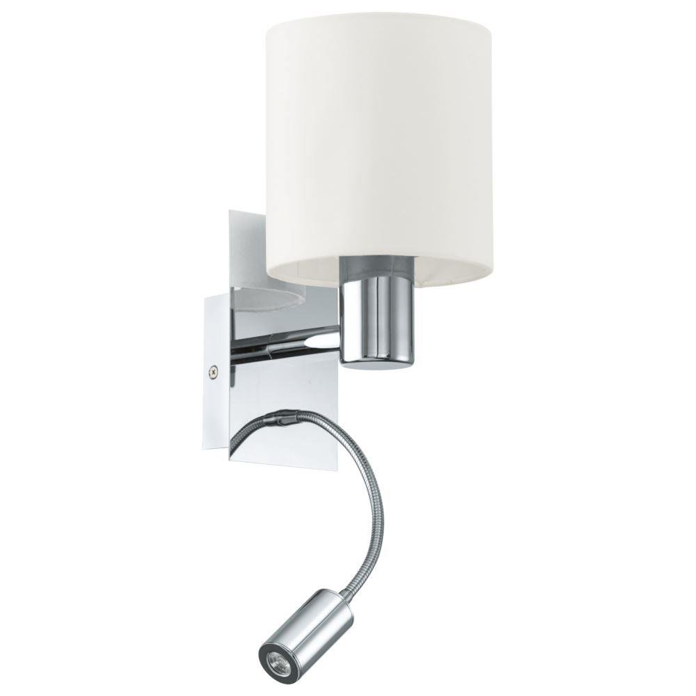 Eglo 96476 Halva Two Light Wall Light In Chrome With Beige Fabric Shade And LED Reading Light
