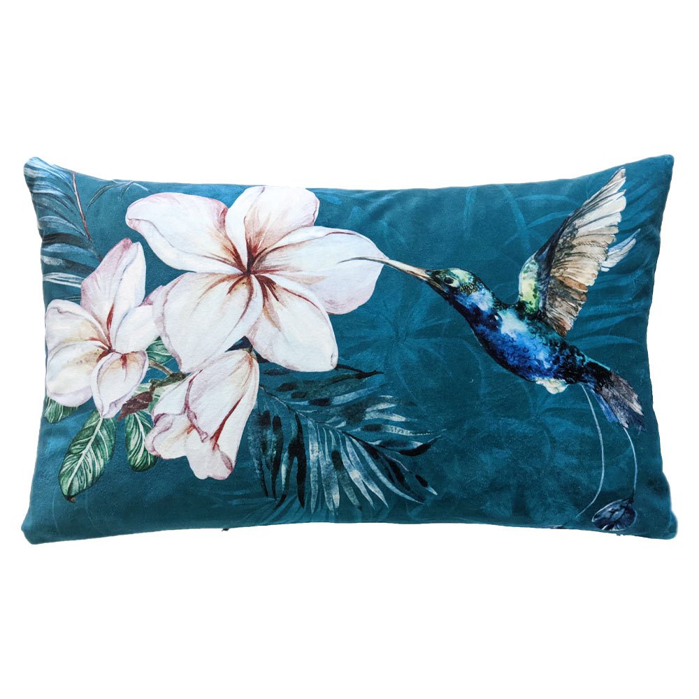 Hummingbird Blue Boudoir Cushion - Teal Blue Boudoir Velvet Cushion Featuring a Hummingbird