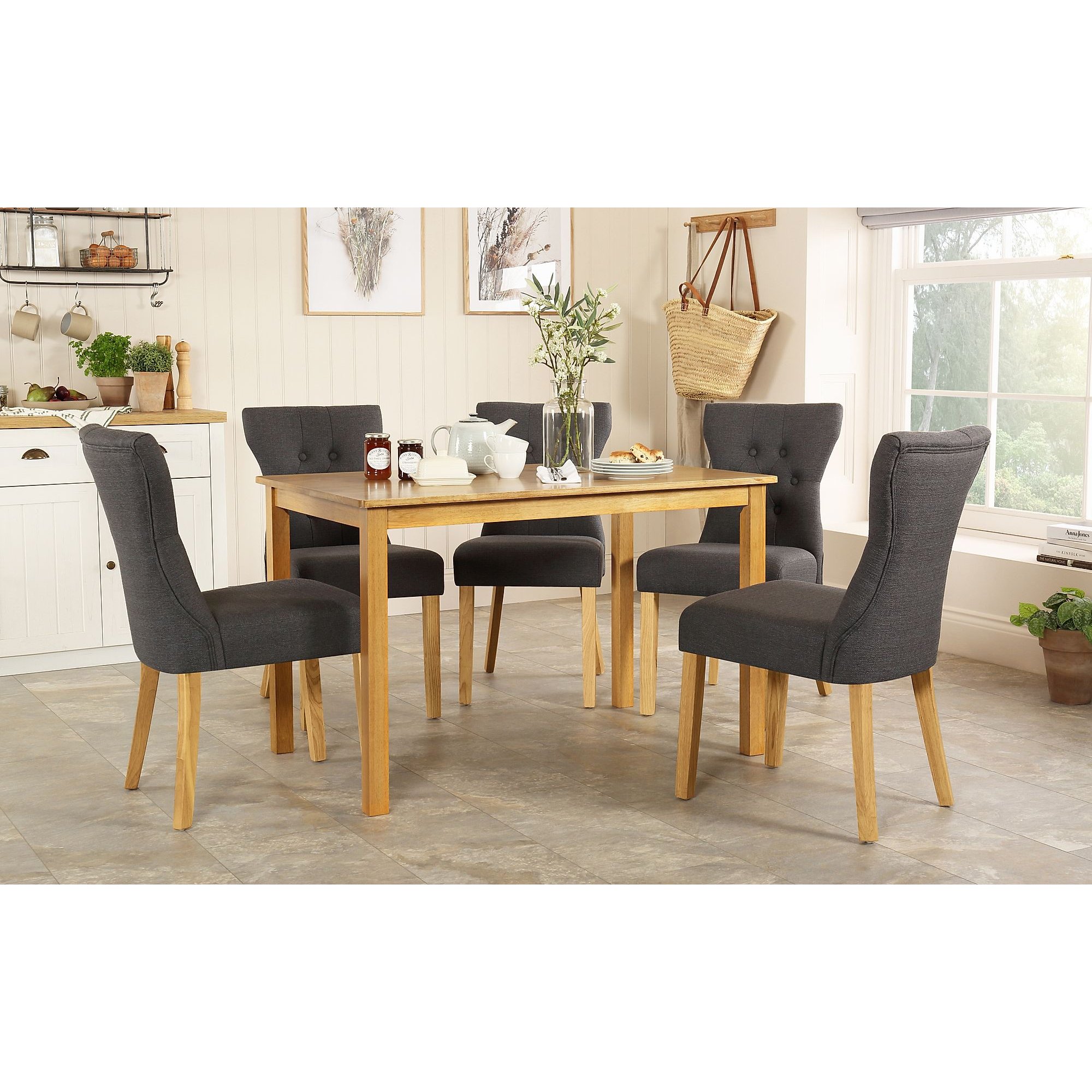 Milton Oak Dining Table with 6 Bewley Slate Fabric Chairs