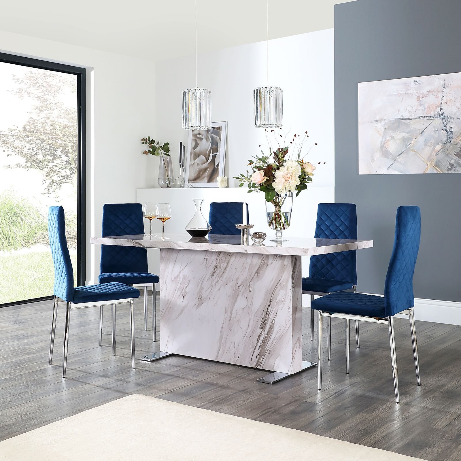 Magnus Grey Marble Dining Table with 6 Renzo Blue Velvet Chairs by ...