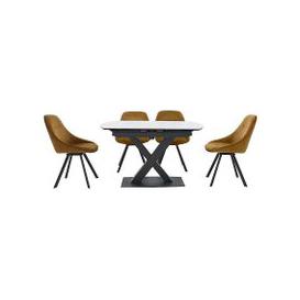 Arctic Extending Dining Table with White Top and 4 Swivel Chairs - Mustard Velvet