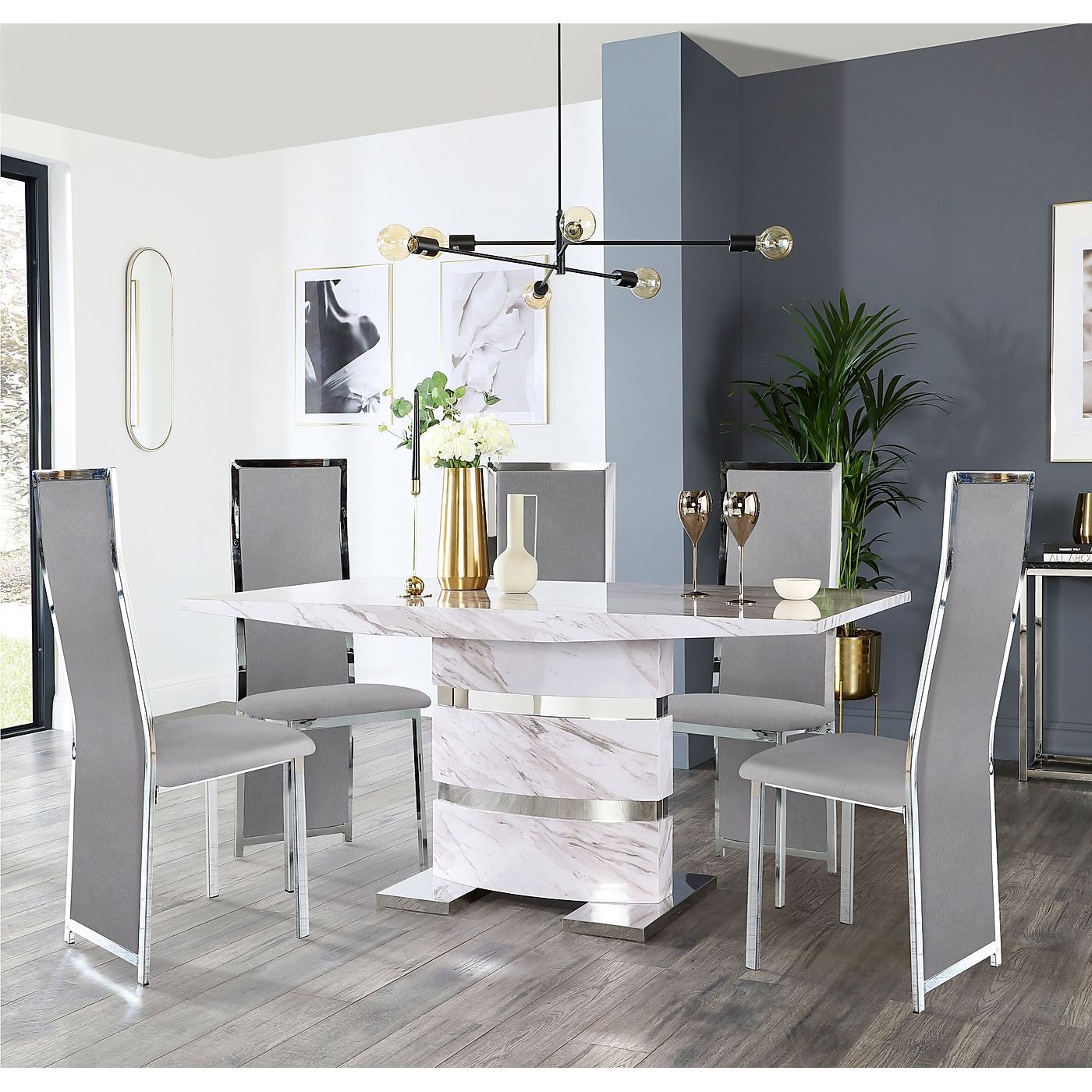 Komoro Grey Marble and Chrome Dining Table with 4 Celeste Grey Velvet ...