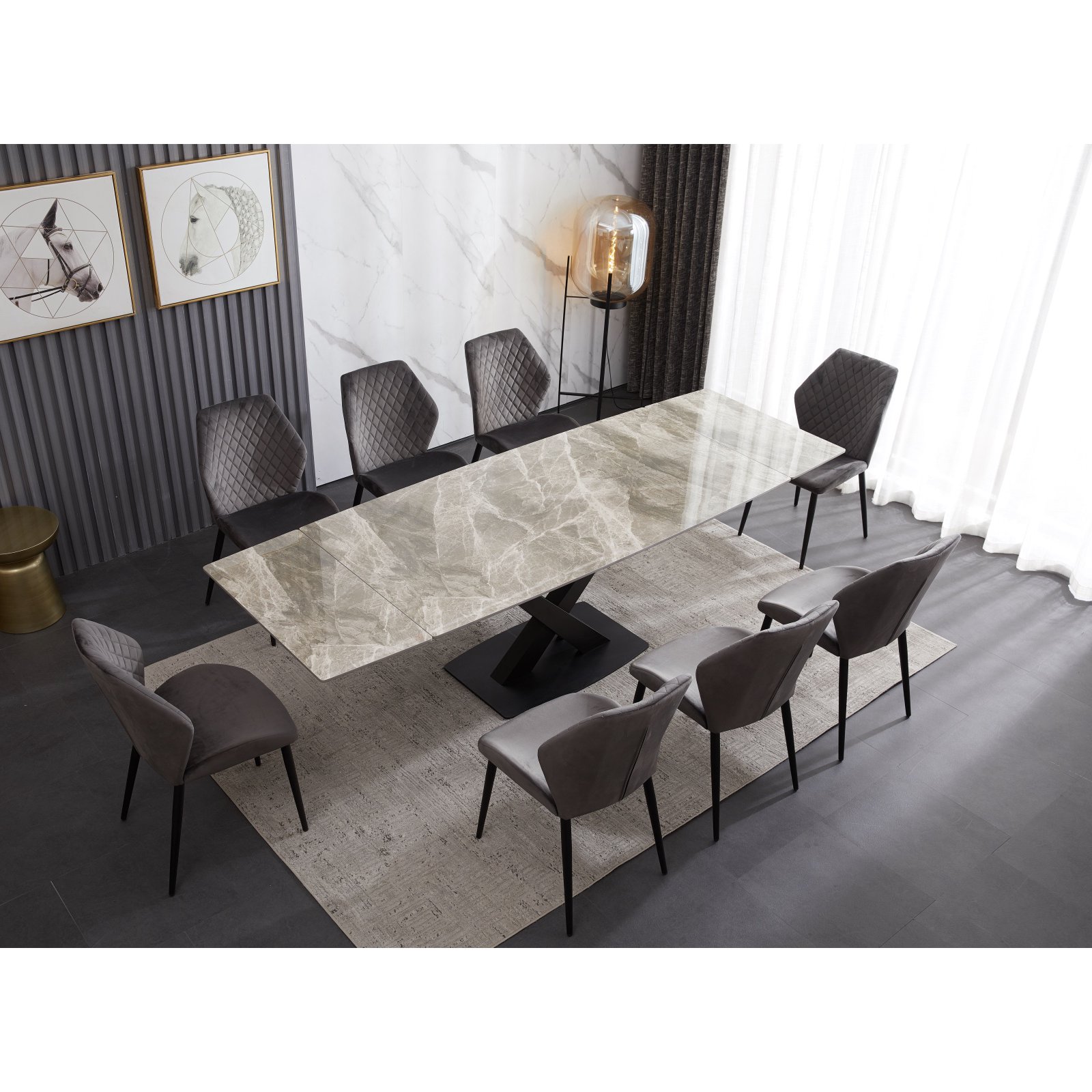 Ceramic Extending Table – Grey & White Gloss with 8 velvet chairs
