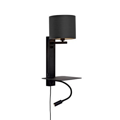 Florence Wall light with plug - / Fabric lampshade - LED reading light, shelf & USB port by It's about Romi Black