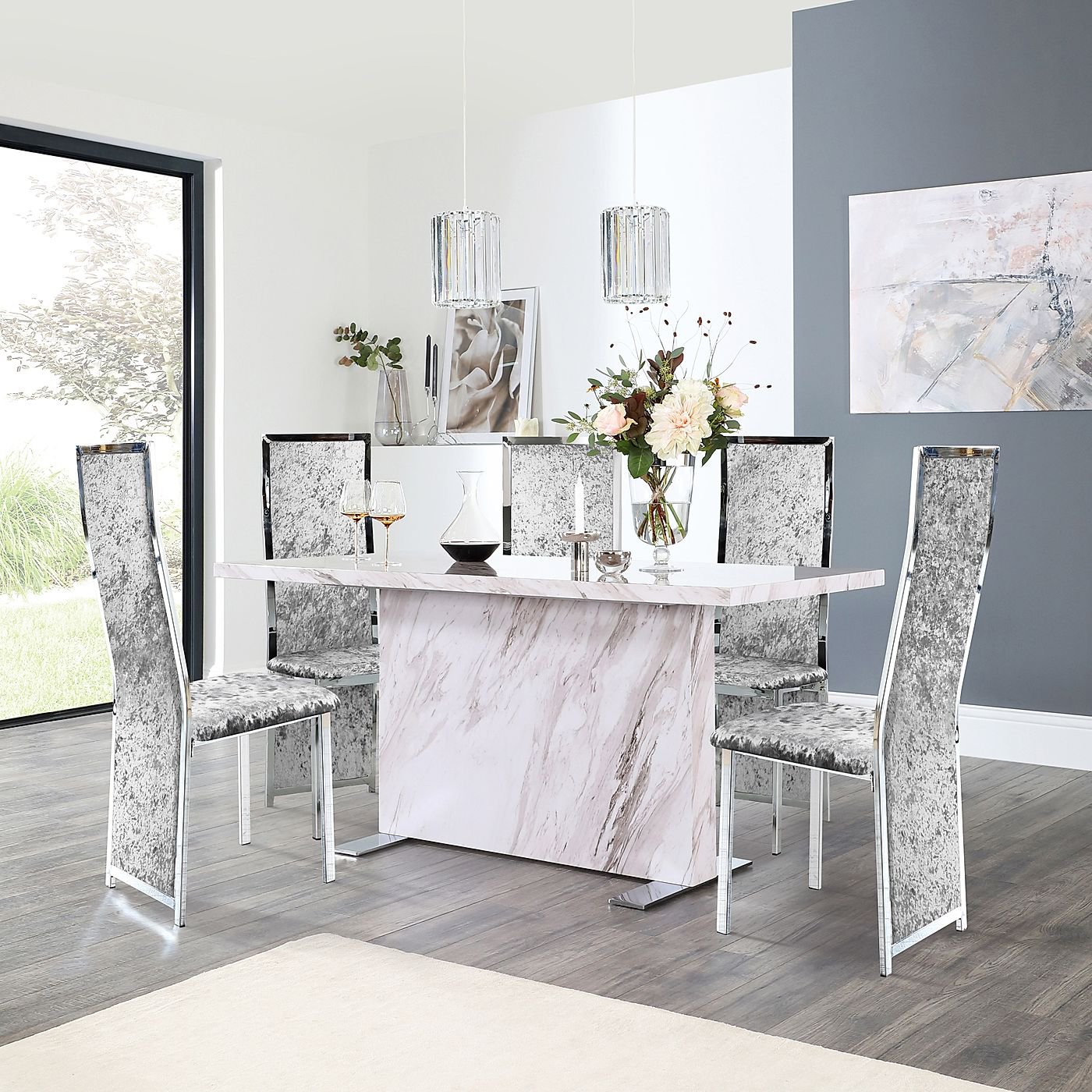 Magnus Grey Marble Dining Table with 6 Celeste Silver Crushed Velvet ...