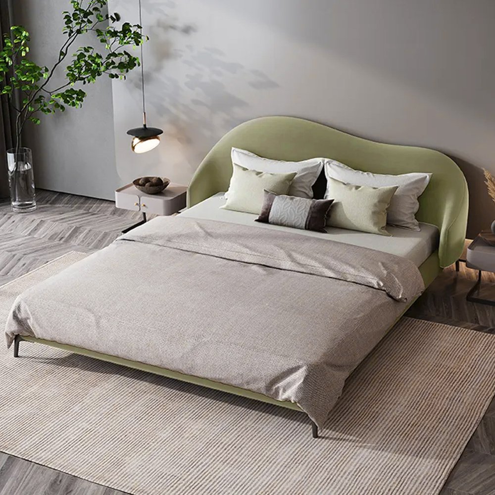 Modern Velvet Upholstered Low Profile Platform Bed with Curved Headboard