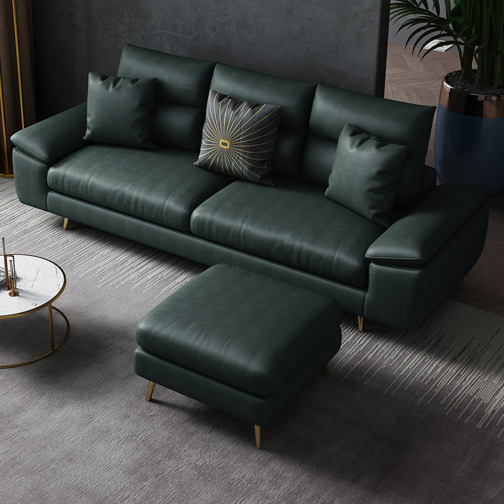 2 Pieces Modern Standard Leath-Aire Sectional Sofa in Green with Square Stool