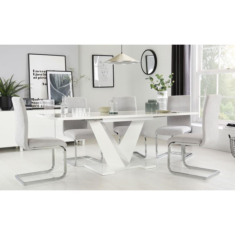 Turin White High Gloss Extending Dining Table with 6 Perth Dove Grey