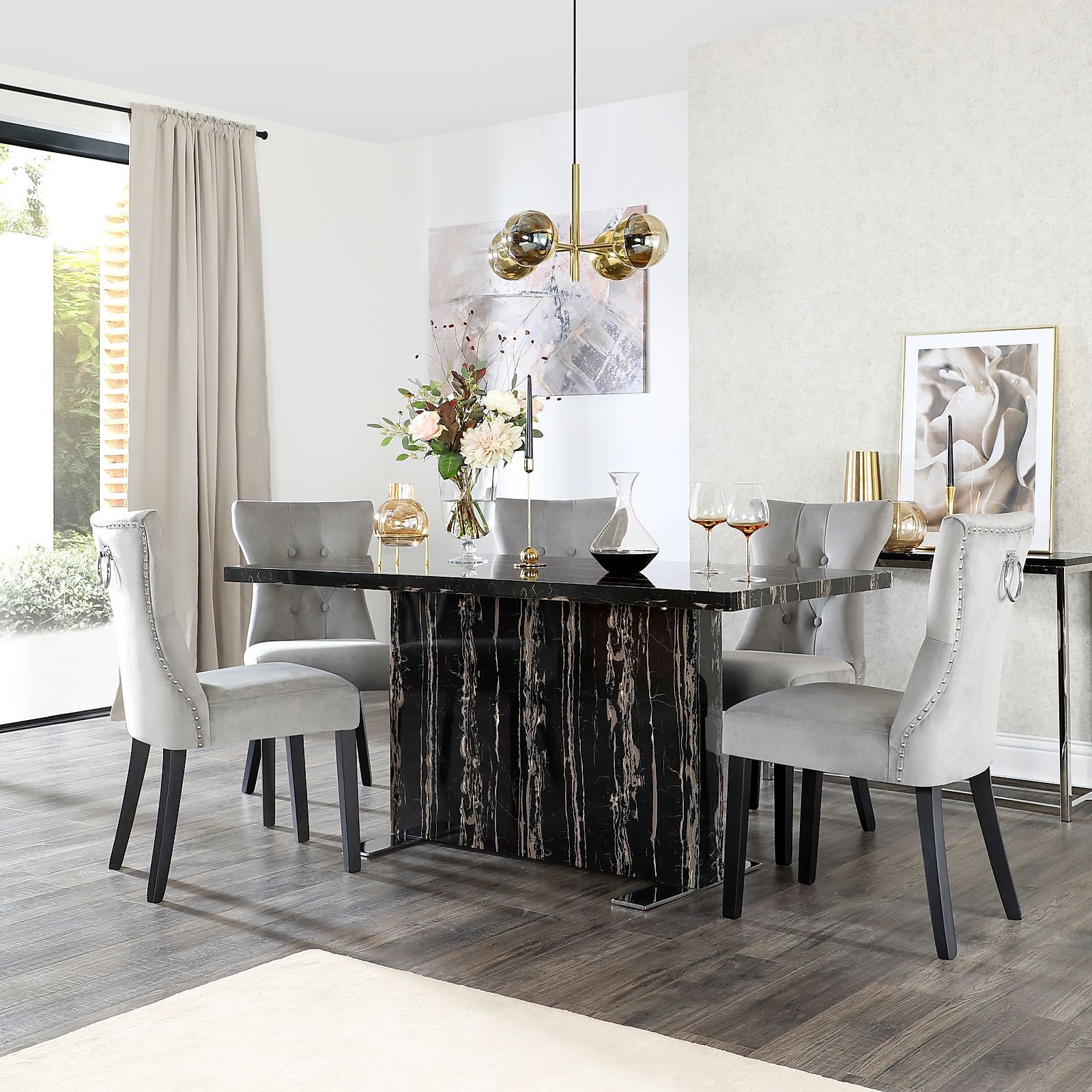 Magnus Black Marble Dining Table with 6 Kensington Grey Velvet Chairs ...