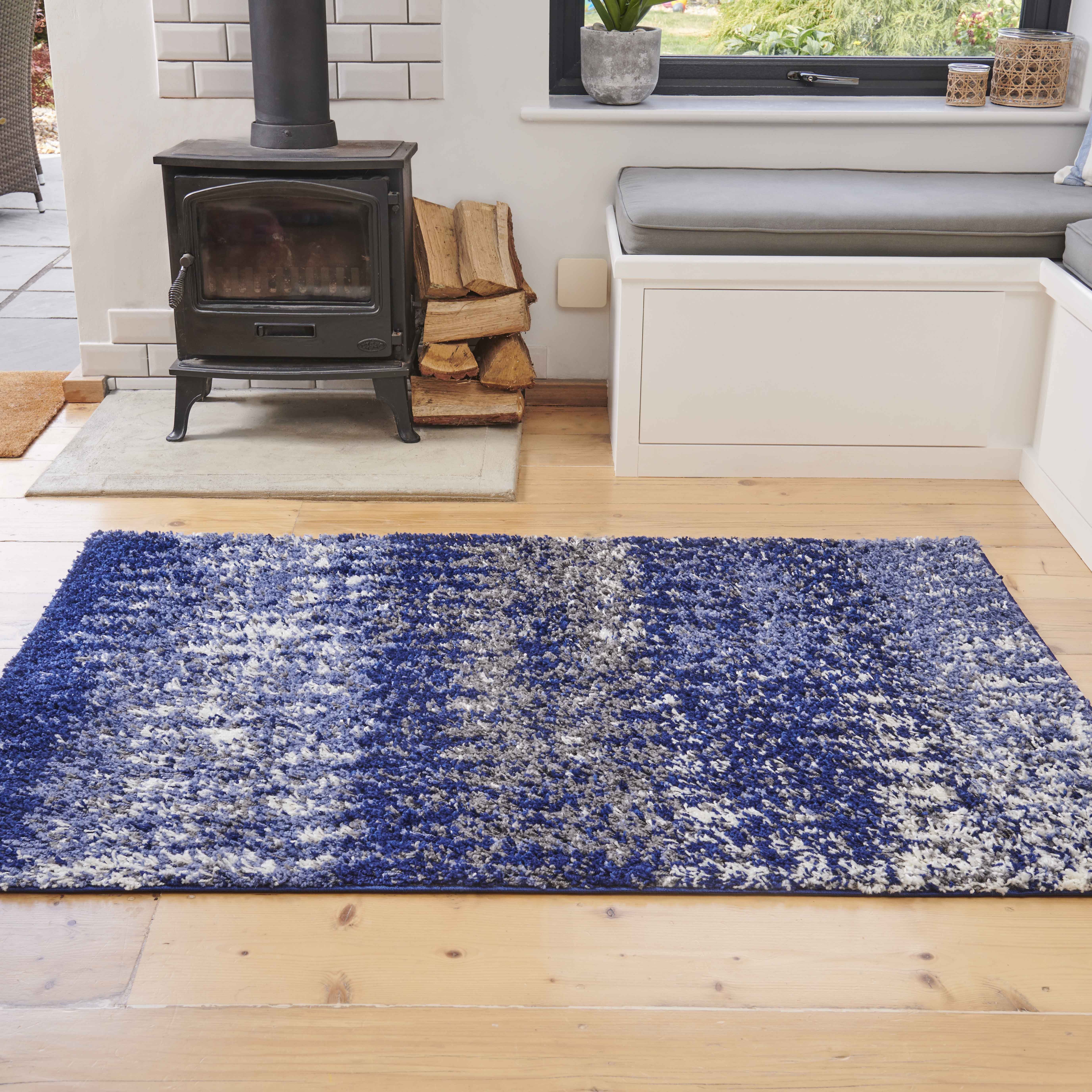 Navy Distressed Textured Shaggy Rug - Florence
