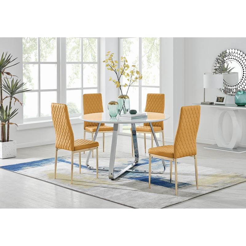 "Santorini White Round Dining Table And 4 Mustard Gold Leg Milan Chairs