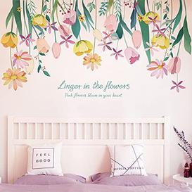 DIY Colorful Flower Bush Wall Sticker, VASZOLA Watercolor Pink Fragrant Flowers Wall Decal Linger in The Flowers Quotes Murals Wall Decor for Kids Girls Bedroom Living Room - Brand New