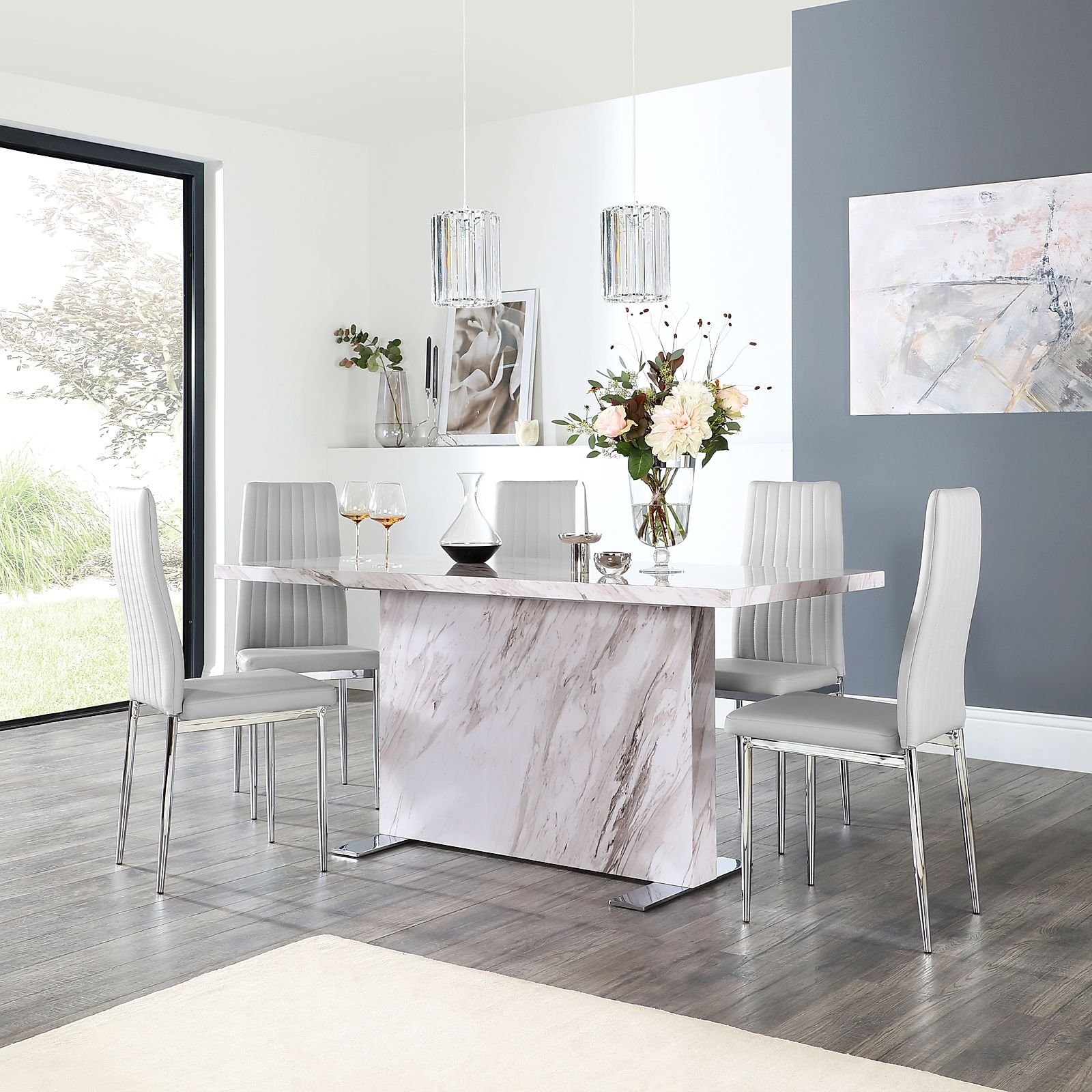 Magnus Grey Marble Dining Table with 6 Leon Light Grey Leather Chairs ...