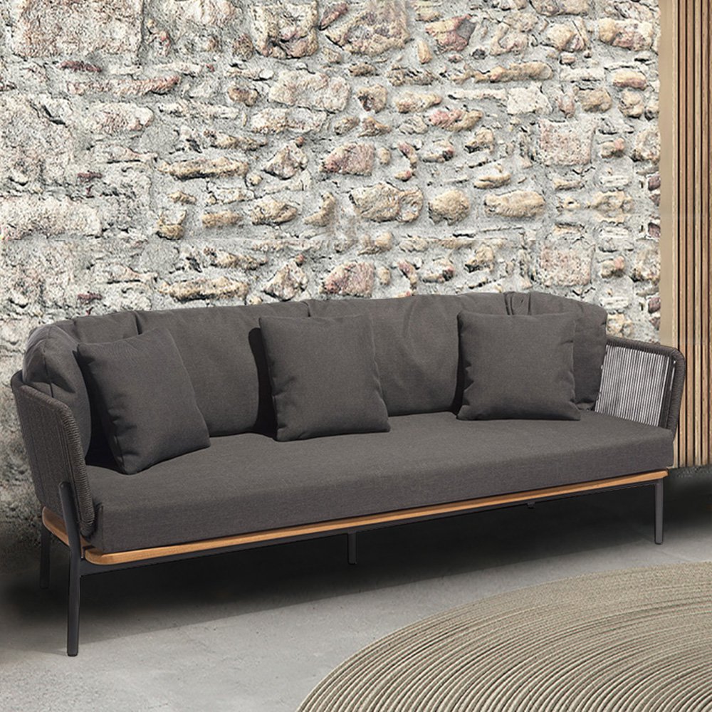3-Seater Woven Rope Outdoor Sofa with Cushion and Pillow Aluminum in Dark Grey