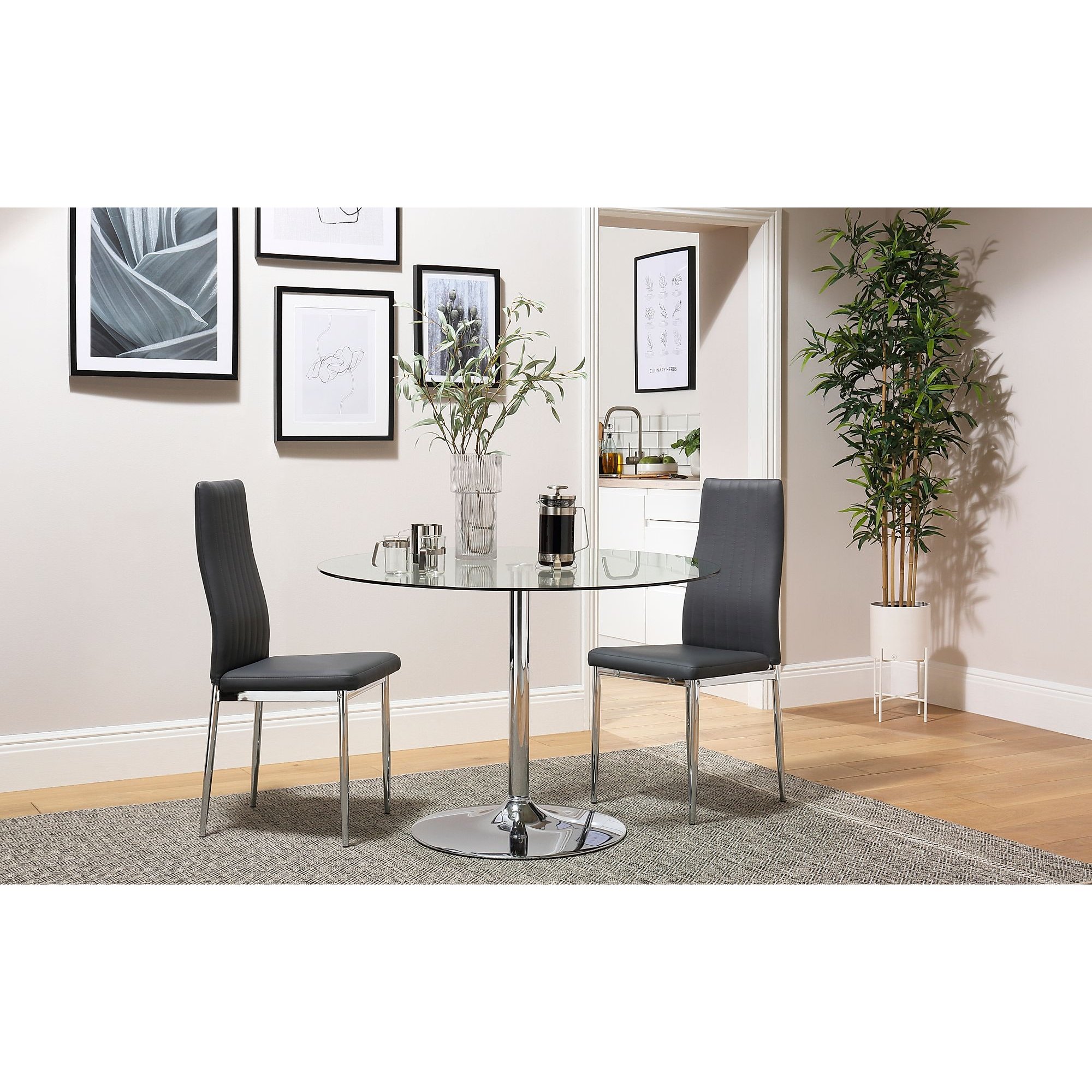 Orbit Round Chrome and Glass Dining Table with 2 Leon Grey Leather Chairs