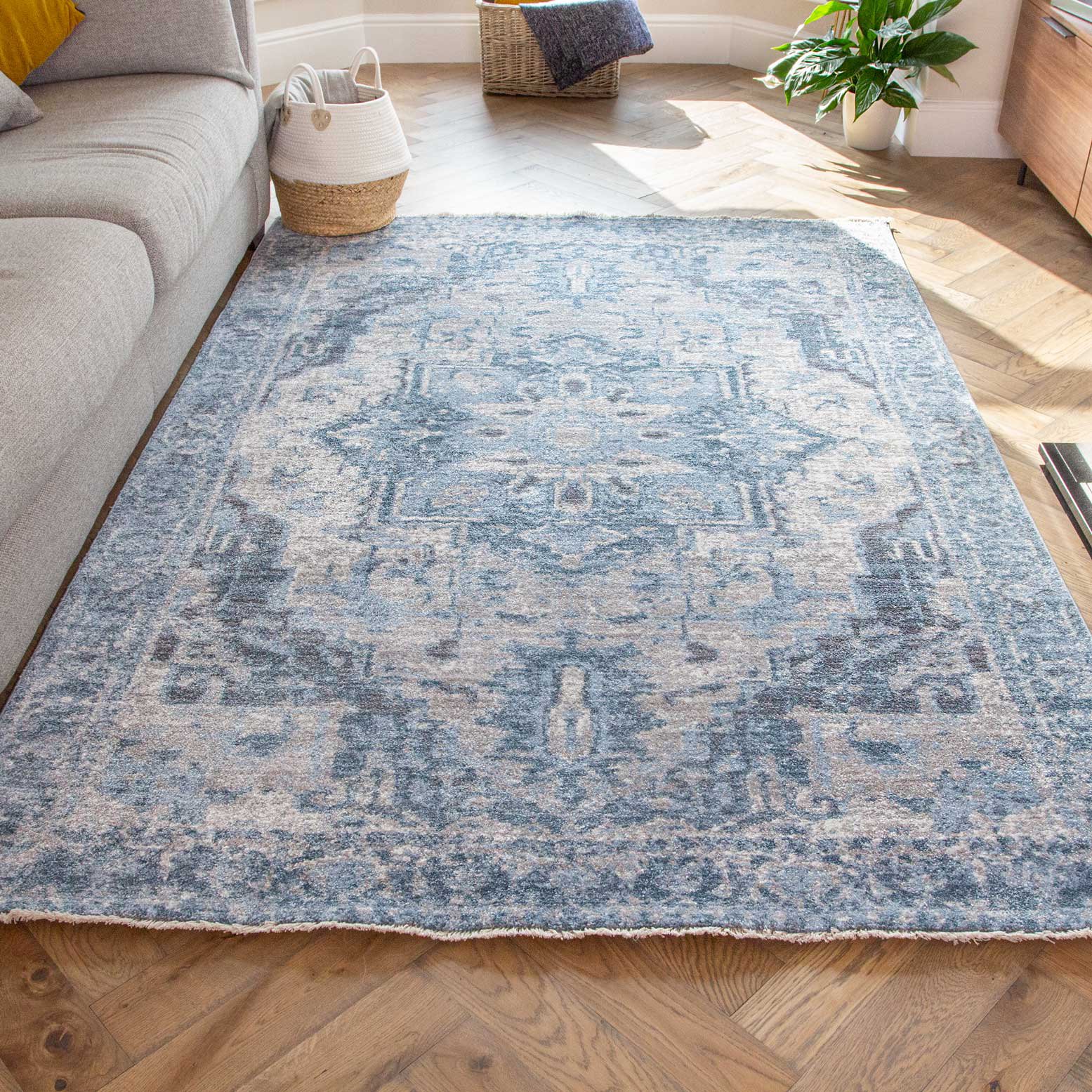 Soft Light Blue Grey Traditional Bordered Rug - Mystic - 80cm x 150cm ...