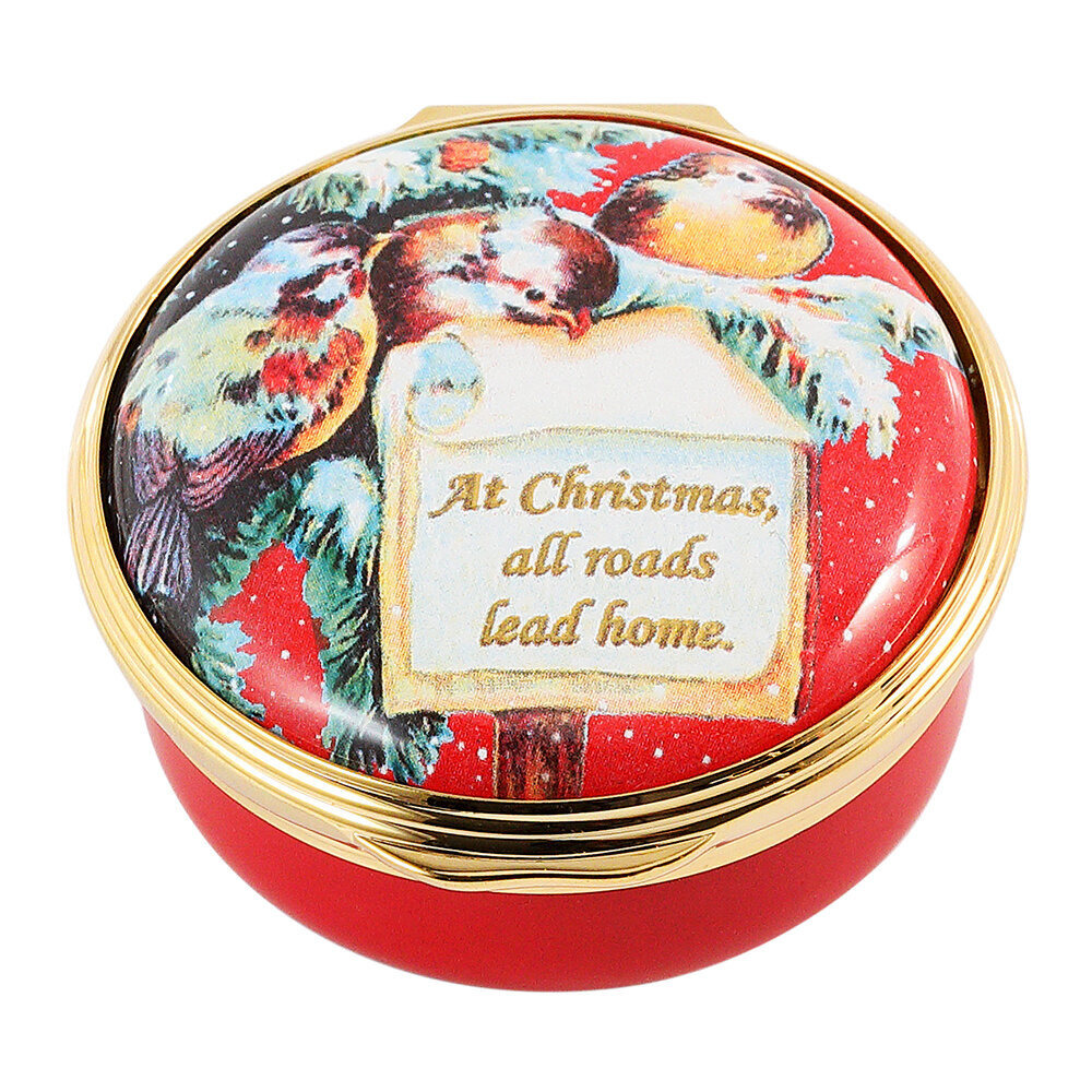 Halcyon Days - Christmas Enamel Box - At Christmas All Roads Lead Home