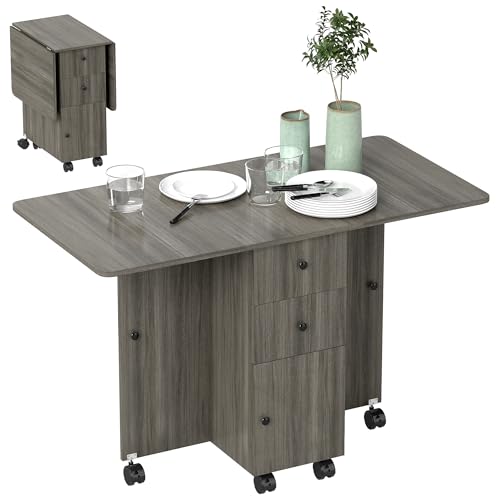 HOMCOM Folding Dining Table for 4-6, Rolling Drop Leaf Table on Wheels ...
