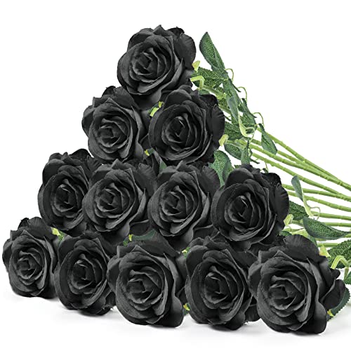 Mocoosy 12 PCS Rose Artificial Flowers, Black Fake Roses Realistic Silk ...