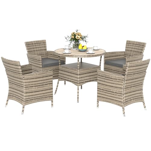Outsunny 4 Seater Rattan Dining Set with Cushions, Double Layer Table ...