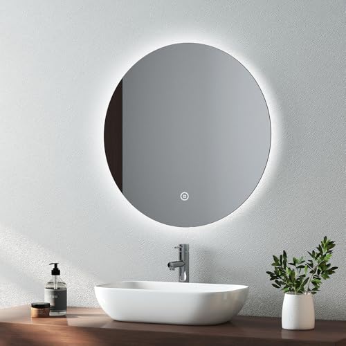 EMKE Round Bathroom Mirror with Led Lights, 500mm Wall Mounted Vanity ...