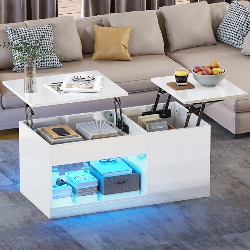 YITAHOME Coffee Table Height Adjustable, White Coffee Table High Gloss