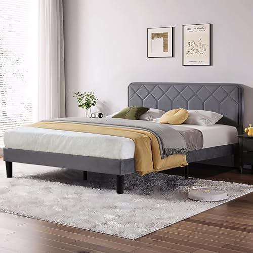VECELO Double Bed Frame 4ft6 Upholstered Platform with Adjustable ...