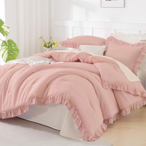 Andency Blush Pink Ruffle Comforter Full, 3 Pieces Rustic Farmhouse ...