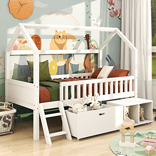 Merax Kids Single Bed with Drawer and Shelves, 3FT Kids Wooden Bed with ...