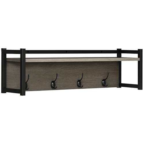 HOMCOM Wall Coat Rack with 4 Hooks Floating Shelf with Storage Rack for ...