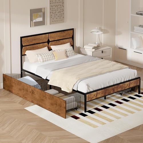 VECELO Double Bed Frame with Storage, 4ft6 Heavy-Duty Platform with ...