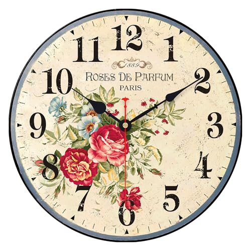VIKMARI 14 Inch Wooden Wall Clock Vintage Parfum Roses Flowers Pattern ...