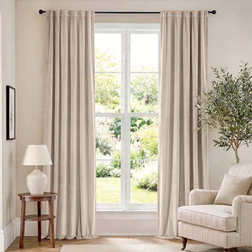 Lazzzy Beige Velvet Curtain Thermal Inuslated Curtain 90 Inch Long Soft ...