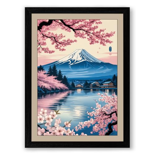 Mount Fuji in Cherry Blossom Japandi Framed Wall Art Print A4
