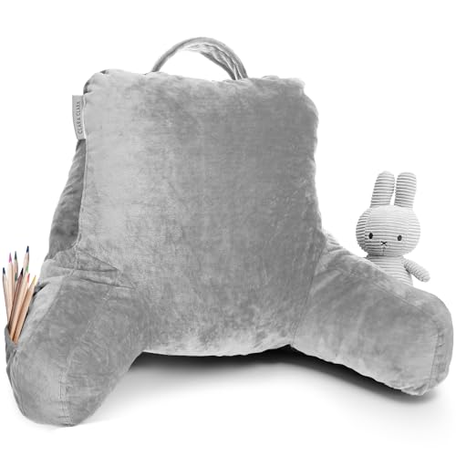 Clara Clark Bed Rest Reading Pillow With Arms And Pockets Detachable Neck Roll & Lumbar Support For Kids Teens & Adults-Premium Shredded Memory Foam, Large Roll, Silver
