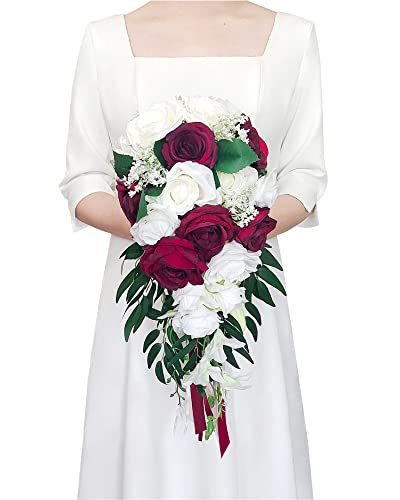 Ciandid Cascading Bridal Bouquet, White & Burgundy Roses