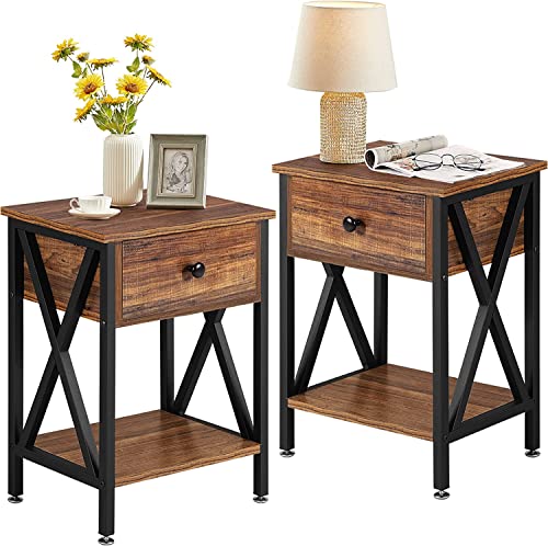 VECELO Bedside Tables Set of 2, X Shaped Cabinet with Drawer and Open ...