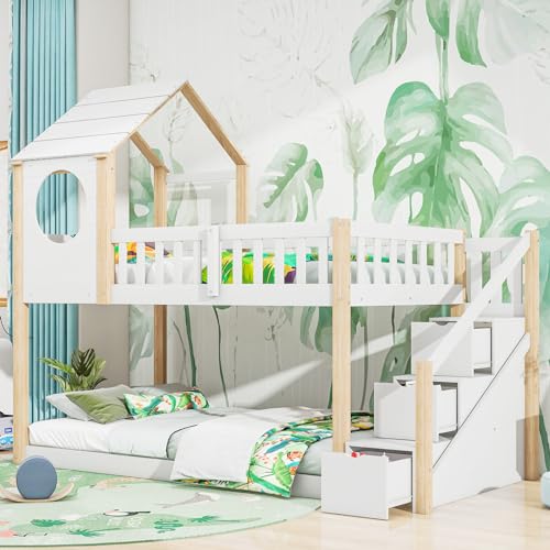 Merax Wooden Bunk Beds for Kids, 3FT Loft Bed with Storage Ladder and ...