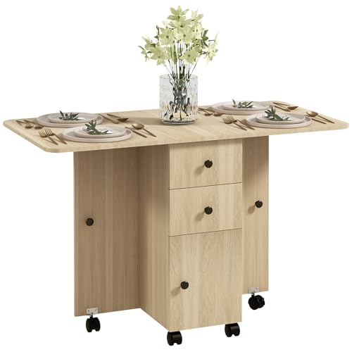 HOMCOM Folding Dining Table for 4-6, Rolling Drop Leaf Table on Wheels ...