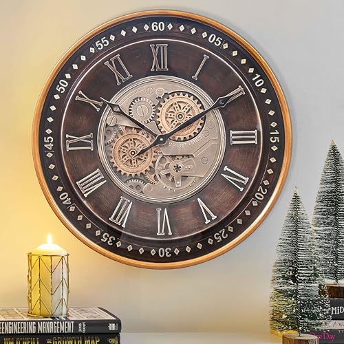 CLXEAST 24 Inch Wall Clock with Moving Gears,Oversized Large Industrial ...