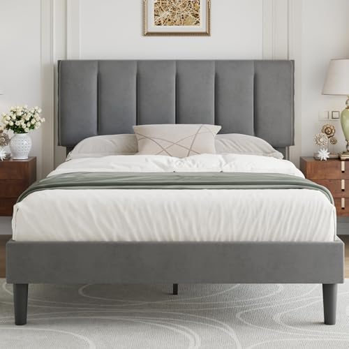 VECELO Double Size Bed Frame 4ft6 Upholstered Platform with Adjustable ...