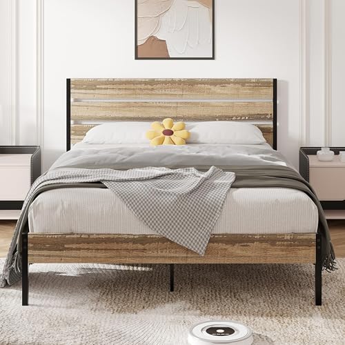 VECELO 4ft6 Double Bed Frame, 135×190cm Platform with Vintage Headboard ...