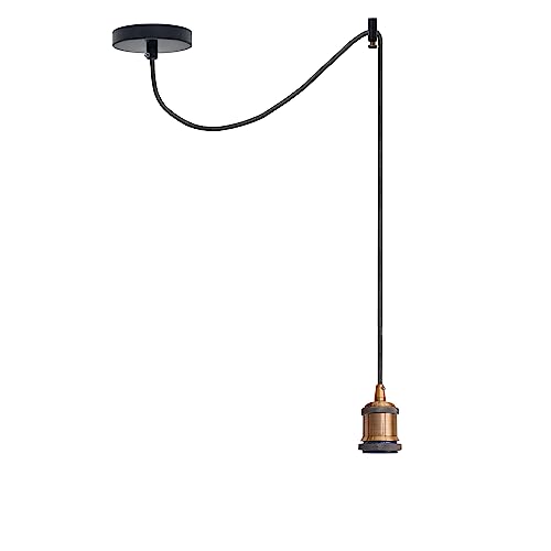 Vintage Industrial E27 Pendant Light – Leather & Metal Hanging Lamp For Farmhouse, Kitchen, Loft (Black, 27cm)