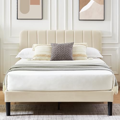 VECELO 4ft6 Double Bed Frame Upholstered Platform Bedframe with ...