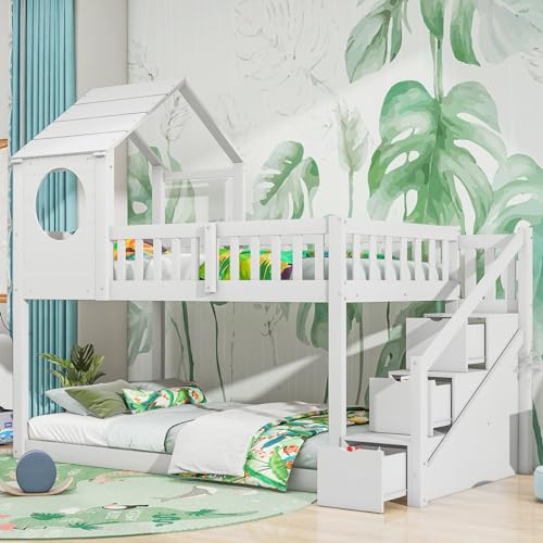 Merax Wooden Bunk Beds for Kids, 3FT Loft Bed with Storage Ladder and ...