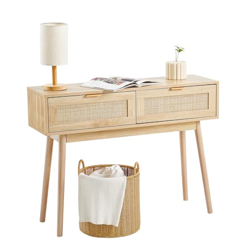 VEVOR Rattan Console Table with 2 Storage Drawers, Rattan Entryway ...
