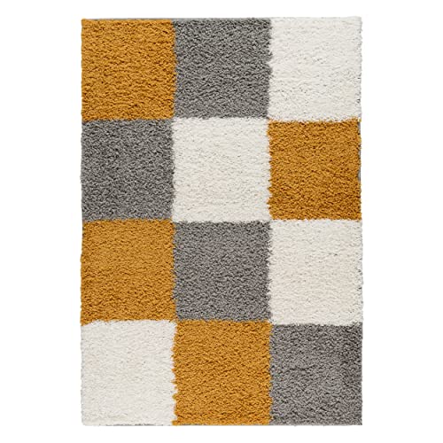 Mynes Home Shaggy Rug High Pile Gold Grey White 30 mm Long Pile Checked ...